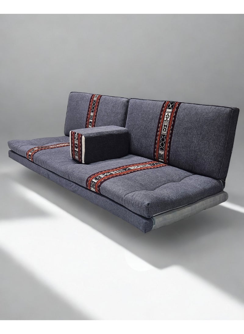 سمارت هوم جلسة أرضية تراثية عربية لأربعة أشخاص 4 قطع  بمقاس (طول 70 سم × عرض 200 سم × ارتفاع 60 سم) – مفروشات مجالس عربية مريحة مع مسند وظهر مزخرف – جلسة أرضية للمنزل، الضيوف، المخيمات والرحلات - مجلس يكفي 4 اشخاص - Image 2