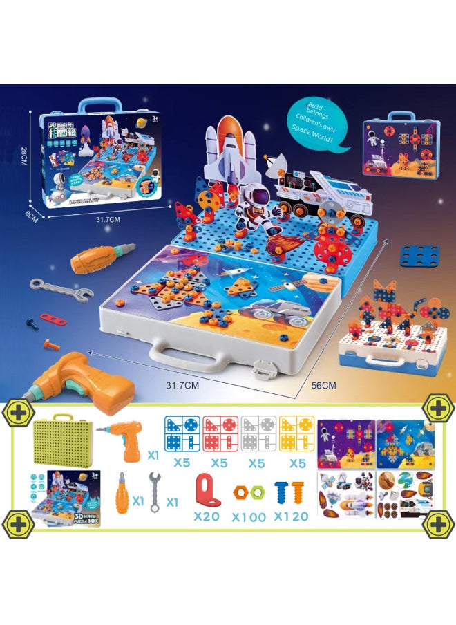 Children Screw Assembly Toy Educational Stem Building Blocks Mushroom Pin Puzzle Tool Box Practical Birthday Gift Unlimited-Color:Electric Drill [space Edition 269pcs]]