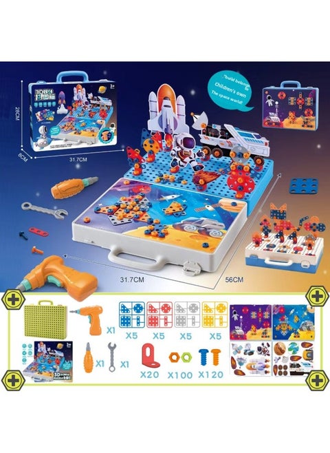 Children Screw Assembly Toy Educational Stem Building Blocks Mushroom Pin Puzzle Tool Box Practical Birthday Gift Unlimited-Color:Electric Drill [space Edition 269pcs]]