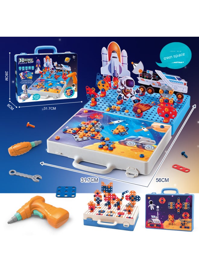 Children Screw Assembly Toy Educational Stem Building Blocks Mushroom Pin Puzzle Tool Box Practical Birthday Gift Unlimited-Color:Electric Drill [space Edition 269pcs]]