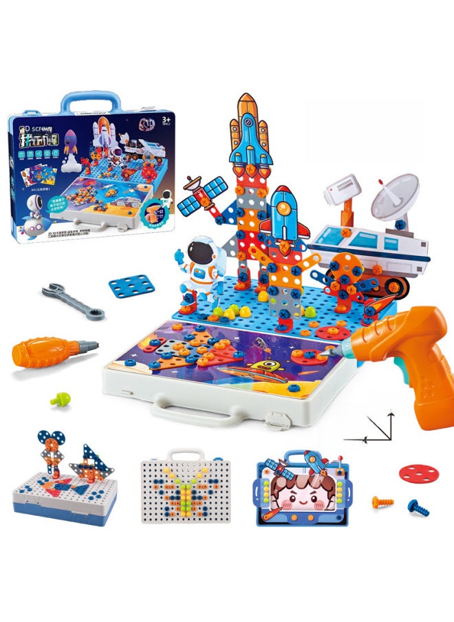 Children Screw Assembly Toy Educational Stem Building Blocks Mushroom Pin Puzzle Tool Box Practical Birthday Gift Unlimited-Color:Electric Drill [space Edition 269pcs]]