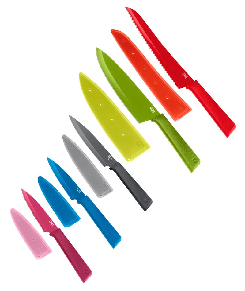 Kuhn Rikon COLORI+ Mixed Knife Set with Non-Stick Coating and Safety Sheaths, Set of 5, Fuchsia, Blue, Graphite Grey, Green and Red - Image 1