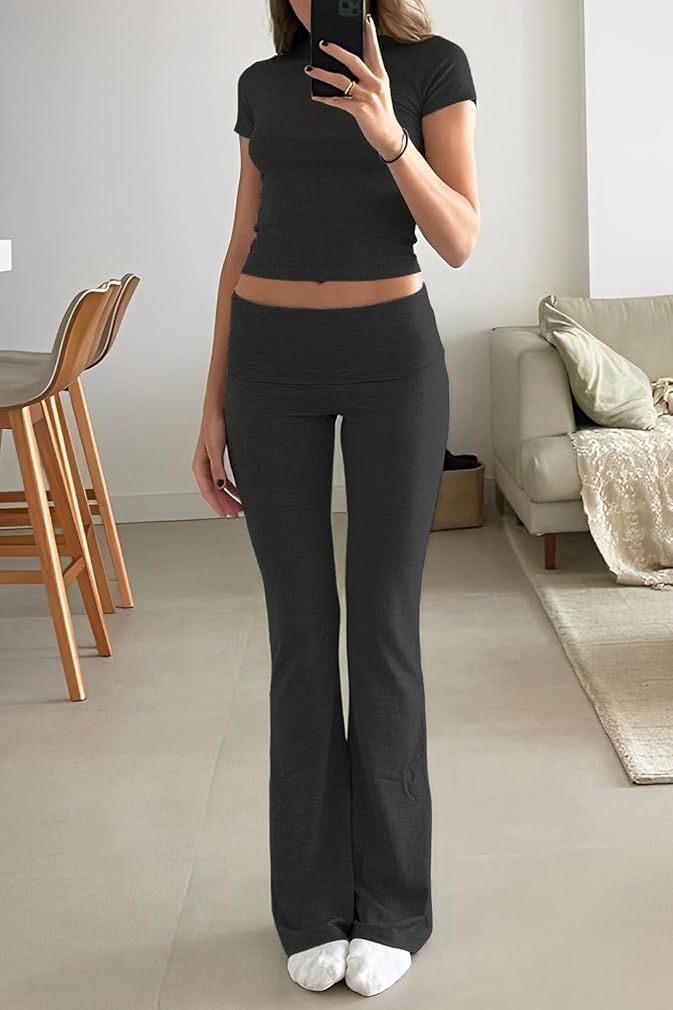 ZFLM Casual Workout Two Piece Outfits for Women Short Sleeve Crop High Waist Foldover Flare Pants Tracksuit Sets Streetwear - Image 2
