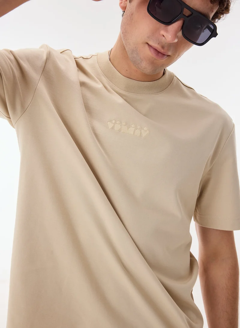 Ashita Fernandes Alaric Men’s Beige Cotton Blend Shirt – Relaxed Fit Round Neck Half Sleeve Lightweight Casual Wear