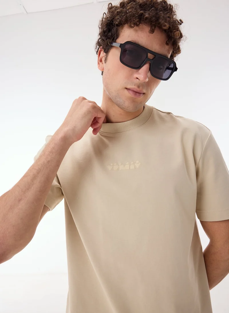 Ashita Fernandes Alaric Men’s Beige Cotton Blend Shirt – Relaxed Fit Round Neck Half Sleeve Lightweight Casual Wear