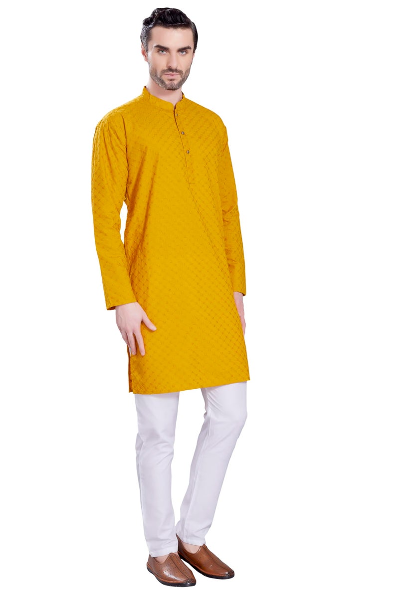 DIVISIVE Men's Thread Embroidered Cotton Only Slim Fit Kurta (DKRT1080_XXXL_Mustard) - Image 4