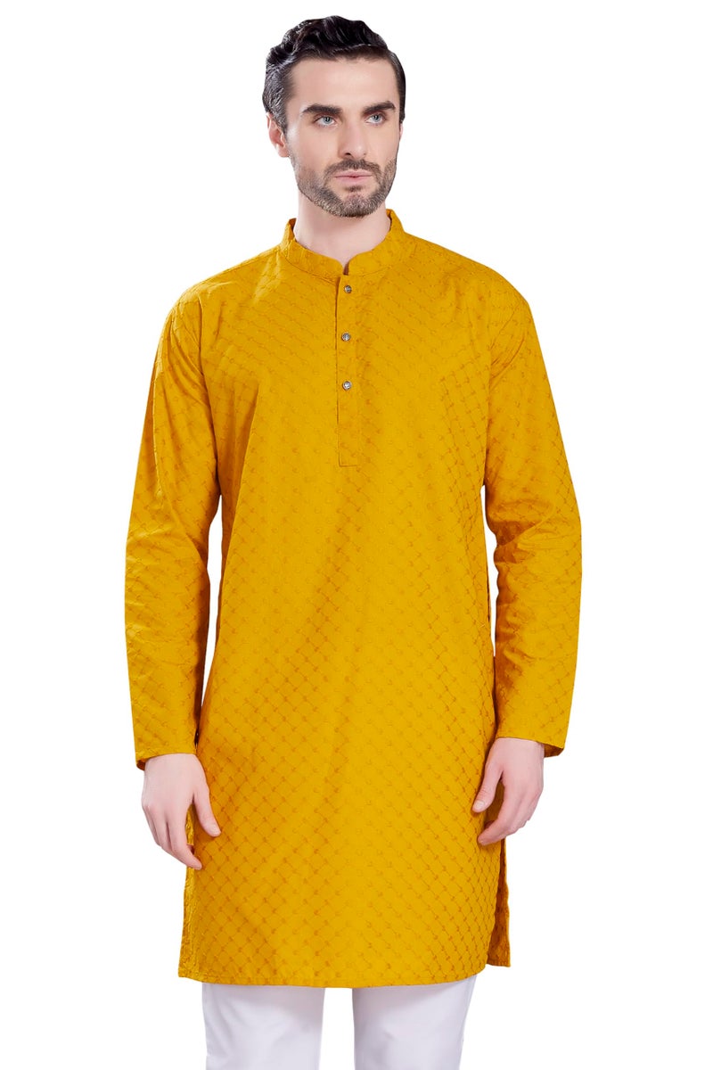 DIVISIVE Men's Thread Embroidered Cotton Only Slim Fit Kurta (DKRT1080_XXXL_Mustard) - Image 1