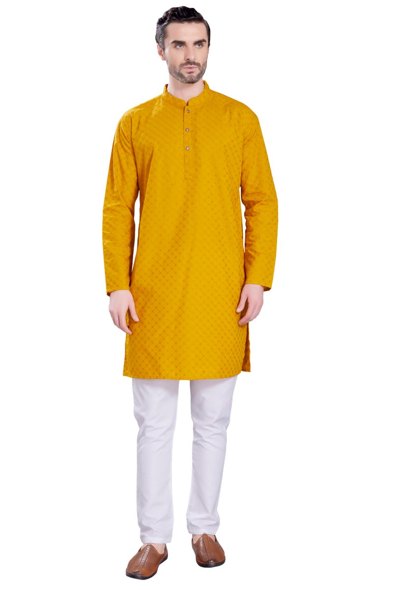 DIVISIVE Men's Thread Embroidered Cotton Only Slim Fit Kurta (DKRT1080_XXXL_Mustard) - Image 3