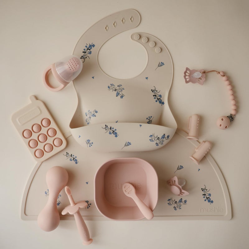 Venture Mushie Baby Silicone Bib | Adjustable Fit Waterproof Bibs | Easy Wipe Baby Feeding Bibs | 4 Adjustable Sizes with Deep Front Pockets | 100% BPA and Phthalate Free (Lilac Flowers) - Image 2