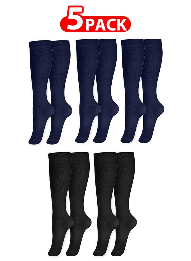 VITION 5 Packs Men and Women's Compression Socks 15-20 mmHg Moderate Pressure Medical Quality Support Best Comfort Fit Moisture Wicking Circulation Travel Blue/Black - Image 1