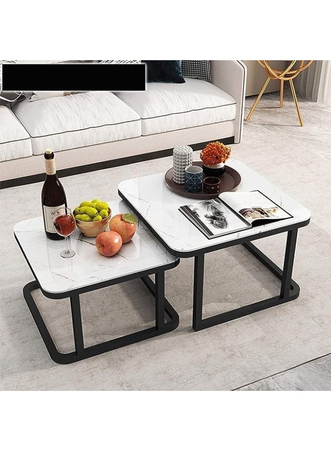 Hometaste Marble Elegance Nesting Coffee Tables - Set Of 2 | Modern Living Room Table Set | Space-Saving End Table Furniture For Small Spaces Bedroom Balcony White Marble Black Frame