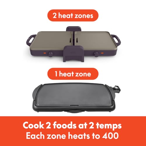 bella 10"x 20" Ceramic Fold-n-Store Dual Temp Griddle, Fits-anywhere Kitchenware, EverGood Ceramic Nonstick Coating, 2 Temperature Zones up to 400°F​, Dishwasher Safe Drip Tray, 1500 Watt, Plum - Image 2