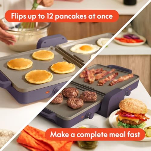 bella 10"x 20" Ceramic Fold-n-Store Dual Temp Griddle, Fits-anywhere Kitchenware, EverGood Ceramic Nonstick Coating, 2 Temperature Zones up to 400°F​, Dishwasher Safe Drip Tray, 1500 Watt, Plum - Image 3