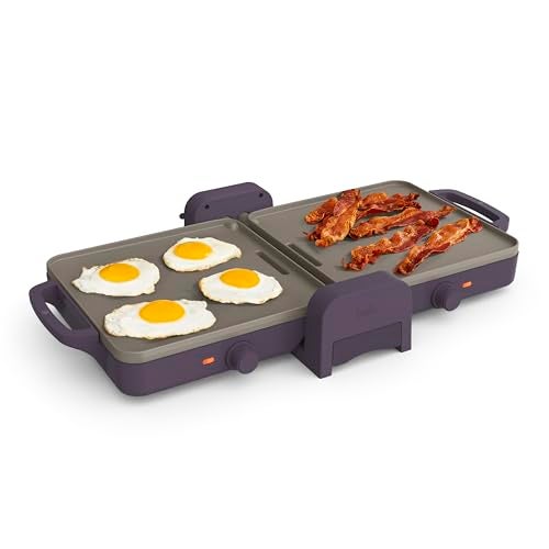 bella 10"x 20" Ceramic Fold-n-Store Dual Temp Griddle, Fits-anywhere Kitchenware, EverGood Ceramic Nonstick Coating, 2 Temperature Zones up to 400°F​, Dishwasher Safe Drip Tray, 1500 Watt, Plum - Image 1