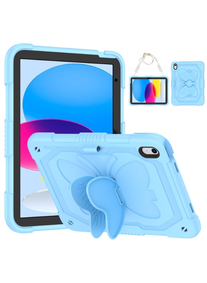 **حافظة لجهاز iPad Mini 7 بحجم 8.3 بوصة (إصدار 2024)**، مزودة بأشرطة كتف وفتحة للقلم، مع إطار مزدوج ممتص للصدمات وstand بشكل فراشة، تغطي الجهاز بالكامل وتوفر حماية كاملة لجسم الجهاز، مناسبة للأطفال.