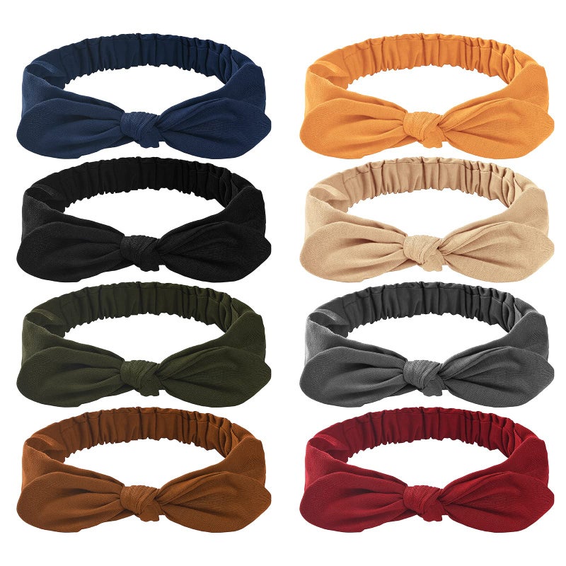 Carede Bow Headbands for Women Solid Color Stretchy Knotted Turban Headbands Rabbit Ears Workout Running Sport Sweat Elastic Hair Wrap for Girls,Pack of 8 - Image 1