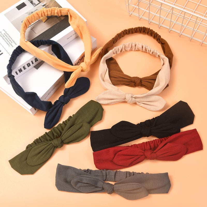 Carede Bow Headbands for Women Solid Color Stretchy Knotted Turban Headbands Rabbit Ears Workout Running Sport Sweat Elastic Hair Wrap for Girls,Pack of 8 - Image 5