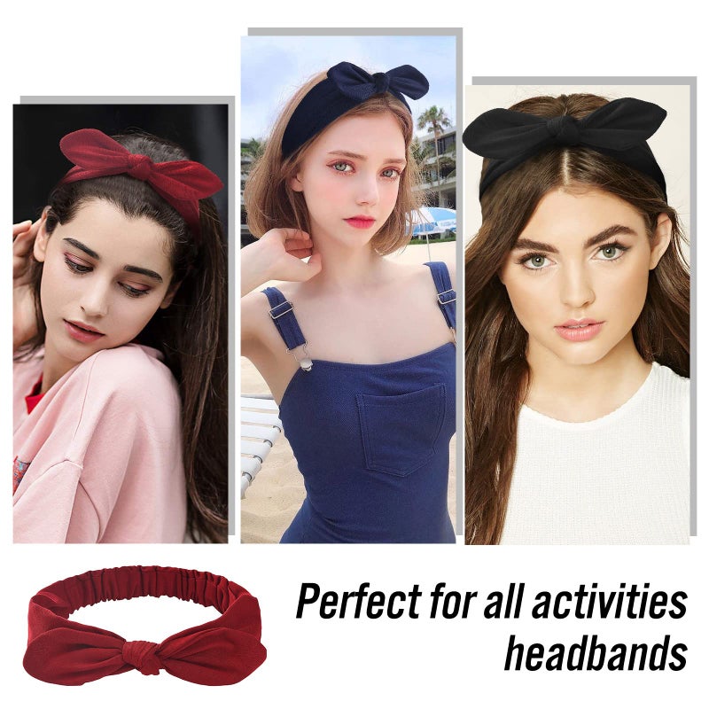 Carede Bow Headbands for Women Solid Color Stretchy Knotted Turban Headbands Rabbit Ears Workout Running Sport Sweat Elastic Hair Wrap for Girls,Pack of 8 - Image 4