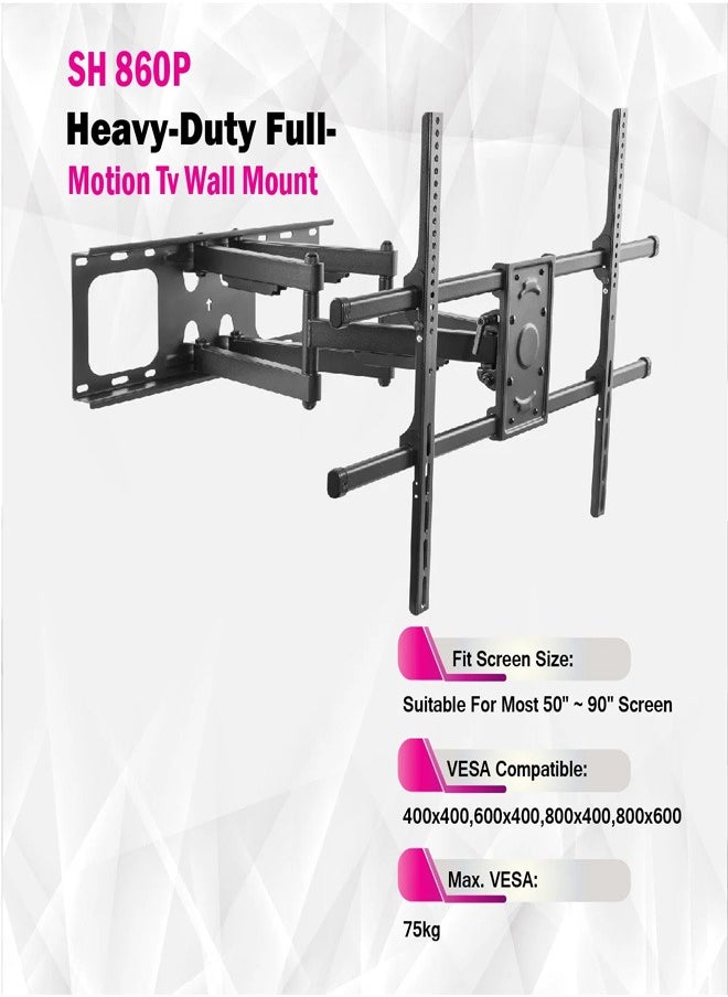 Skill Tech SH 860P Swivel TV Wall Mount Bracket for 50"-90" LED LCD Screens, VESA 800x600, Extendable Arm 69–635mm, 75kg Load Capacity – Black  - Image 4