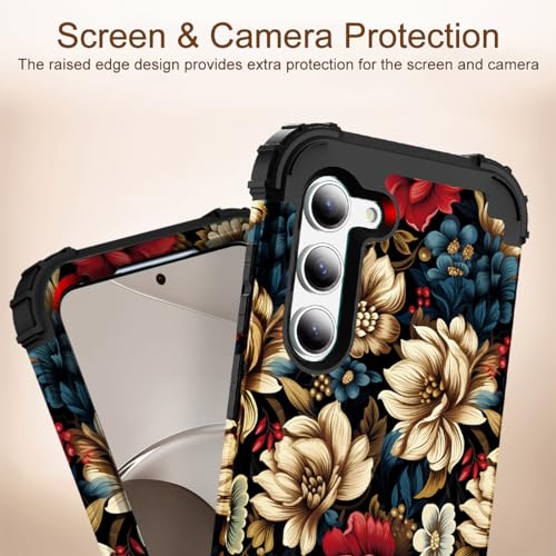 SleekCover for Galaxy S23 Case,3 in 1 Floral Pattern Heavy Duty Shockproof Protection Soft Silicone Rubber Bumper+Hard Plastic Hybrid Protective Cover for Samsung Galaxy S23 6.1",Black Flower - Image 5