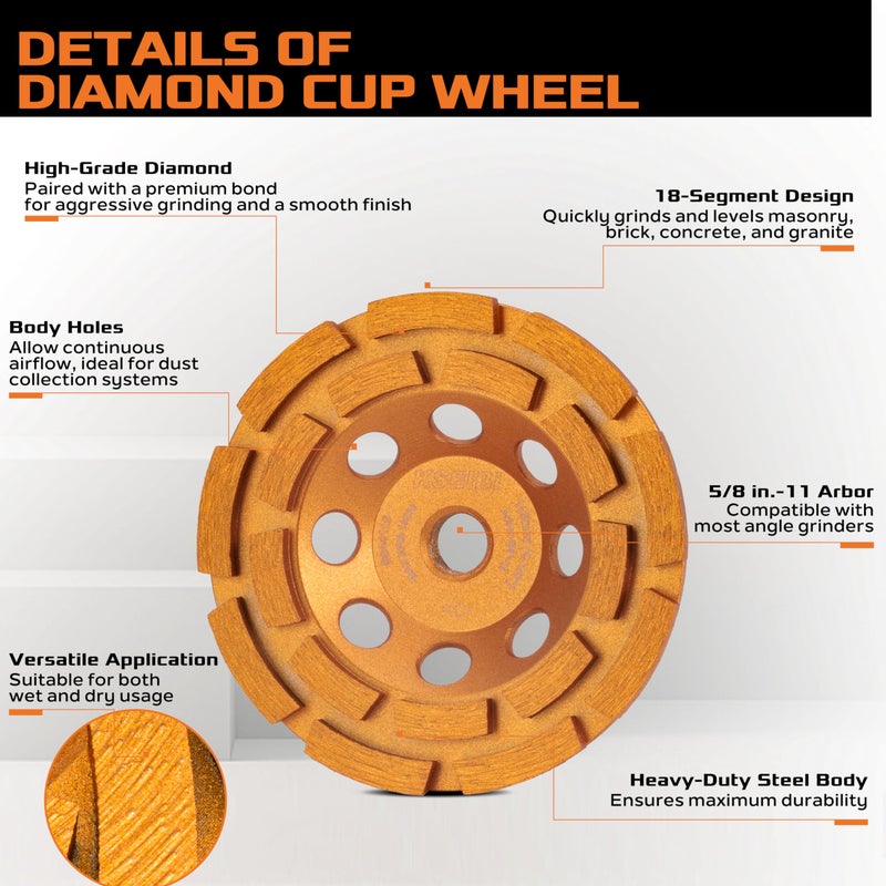 KSEIBI 644116 Diamond Concrete Grinding Wheel 4 1/2" x 5/8"-11 for Polishing and Cleaning Stone Concrete Surface, Cement, Marble, Rock, Granite, and Thinset Removing, Angle Grinder Wheels Cup - Image 2