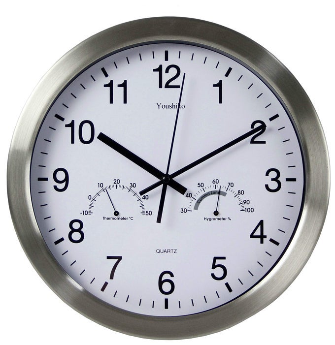 LARGE BOLD QUARTZ METAL WALL CLOCK WITH TEMPRATURE HUMIDITY 12 NON TICKING SILENT SWEEPING SECONDS HOMEKITCHENOFFICESCHOOL CLOCK EASY TO READ