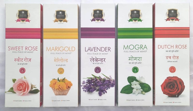 Compatible Aalaukik Solitaire Incense Sticks for Pooja Combo Pack of 5 - Sweet Rose, Marigold, Lavender, Mogra, Dutch Rose (90 GMS x 5=450 GMS) | Approx 55 Sticks per Pouch  - Image 1