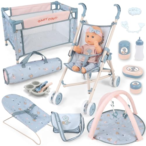 deAO Baby Doll Set12 inch Doll Playset with Doll Stroller Crib Bed Nursery Role Play Set Accessories and Play MatFoldable Stroller and Travel BagBirthday Gifts for Girls - Image 1