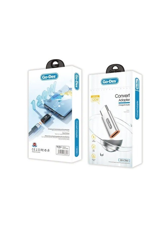 جو-ديز GD-CT063 Type-C Converter Adapter | 120W PD Fast Charging & Audio Converter 2-in-1 | Supports Type-C to 3.5mm Headphone Jack | Simultaneous Charging & Music Playback – Compact & Durable Design - Image 4