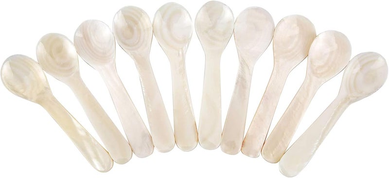 DUEBEL Set of 10 White Mother Pearl 2.75′′ Caviar Spoons Caviar, Egg, Coffee Serving (White, 7x2.1cm) - Image 1