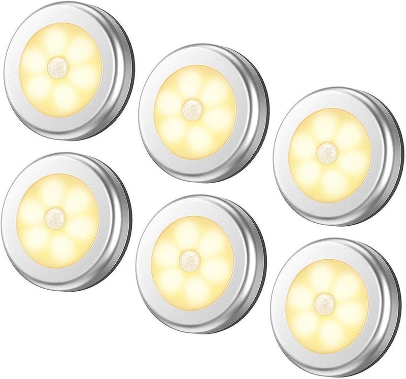 SCIENISH 6 عبوات من أضواء الاستشعار بالحركة، أضواء LED ليلية تعمل بالبطارية بدون سلك للممر، الحمام، غرفة النوم، المطبخ، الخزانة، والسلالم (أبيض دافئ) - Image 1