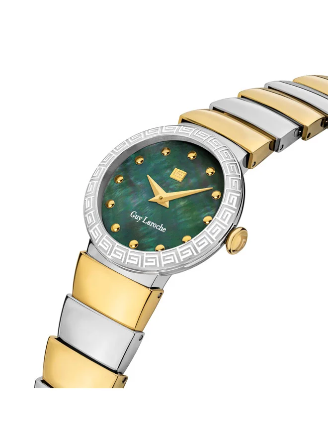 غاي لاروش ساعة يد نسائية مينا خضراء بسوار معدني فضي وذهبي تناظرية مقاس  مم