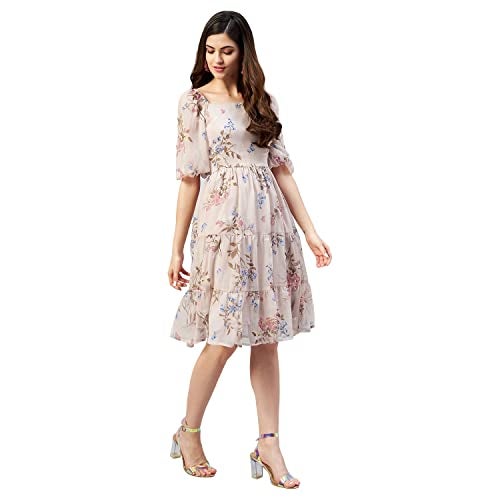 RARE Women Casual Beige Colour Knee-Length Fit and Flare Floral Dress, Small - Image 3