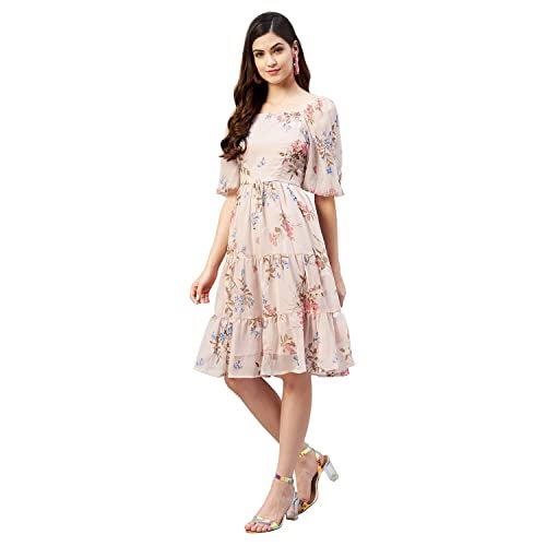 RARE Women Casual Beige Colour Knee-Length Fit and Flare Floral Dress, Small - Image 2