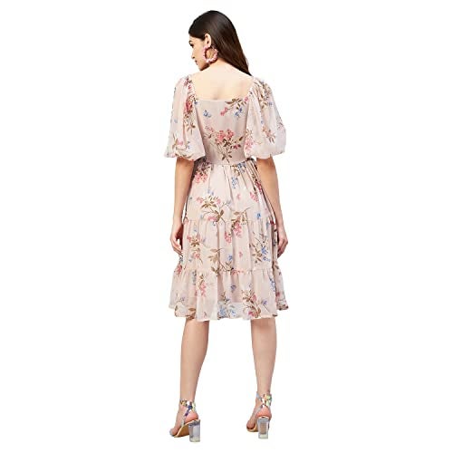 RARE Women Casual Beige Colour Knee-Length Fit and Flare Floral Dress, Small - Image 4