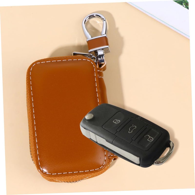 Leather Car Key Bag Zipper Storage Pouch for Men Women Brown No Logo - Image 3