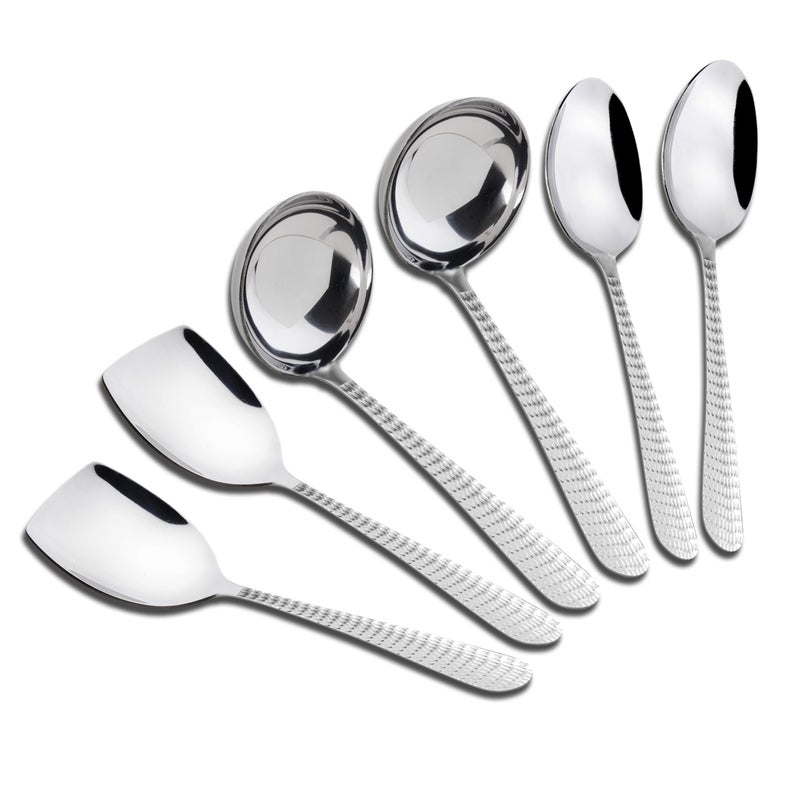 Axiom AXIOM Serving Tools Stainless Steel 6 Piece Heavy Gauge Non-Stick Set of 2 Soup Ladle (Karchi), 2 Solid Spoon (Chamcha) and 2 Rice Spoon for Serving Soup/Curry/dal/Rice/Pasta - Image 1