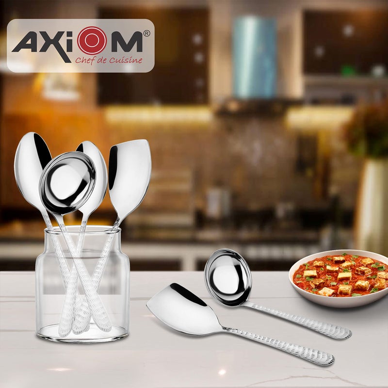 Axiom AXIOM Serving Tools Stainless Steel 6 Piece Heavy Gauge Non-Stick Set of 2 Soup Ladle (Karchi), 2 Solid Spoon (Chamcha) and 2 Rice Spoon for Serving Soup/Curry/dal/Rice/Pasta - Image 3