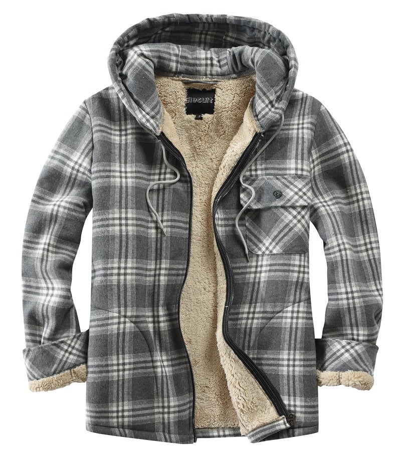 Elesuit Mens Long Sleeve Brushed Cotton Fleece Flannel Jacket Shirts with Hood Grey Medium