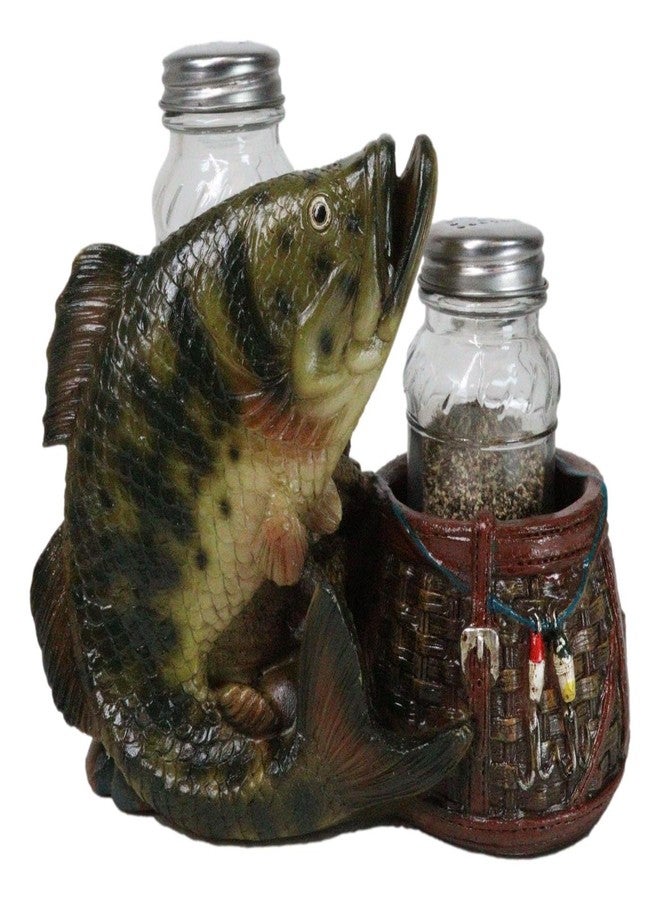 Ebros Gift Nautical Marine Fisherman Sea Bass Fishing With Tackle Box Wicker Saddle Bags Salt and Pepper Shakers Holder Figurine Set for Rustic Cabin Lodge Restaurant Bar Kitchen Decor - Image 1