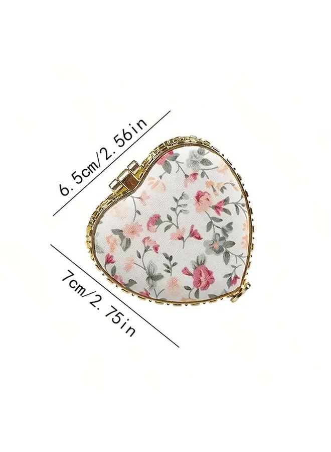 White Heart Shaped Compact Folding Mirror Double Sided Floral Design Portable Makeup Mirror - Image 4