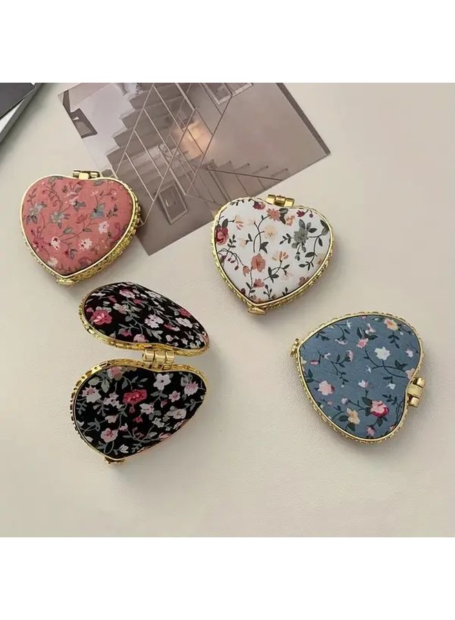 White Heart Shaped Compact Folding Mirror Double Sided Floral Design Portable Makeup Mirror - Image 5