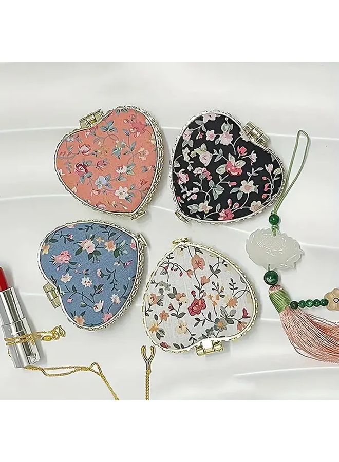 White Heart Shaped Compact Folding Mirror Double Sided Floral Design Portable Makeup Mirror - Image 2