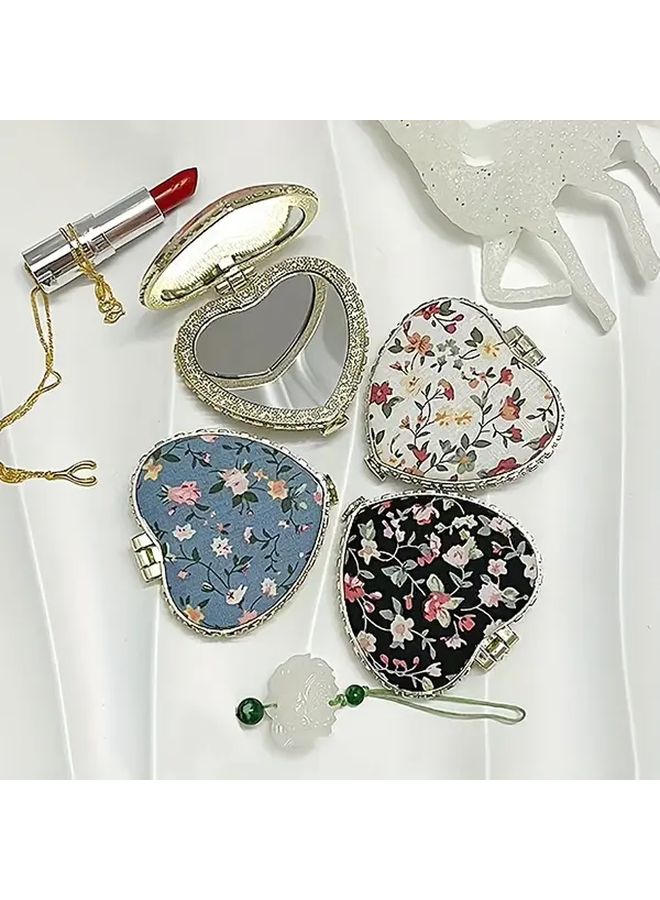 White Heart Shaped Compact Folding Mirror Double Sided Floral Design Portable Makeup Mirror - Image 1
