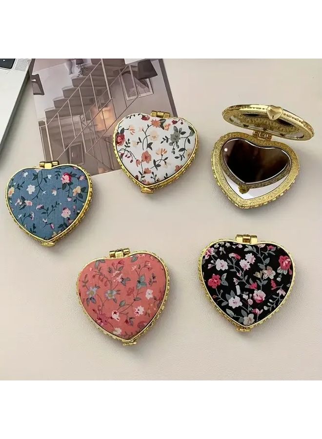 White Heart Shaped Compact Folding Mirror Double Sided Floral Design Portable Makeup Mirror - Image 3