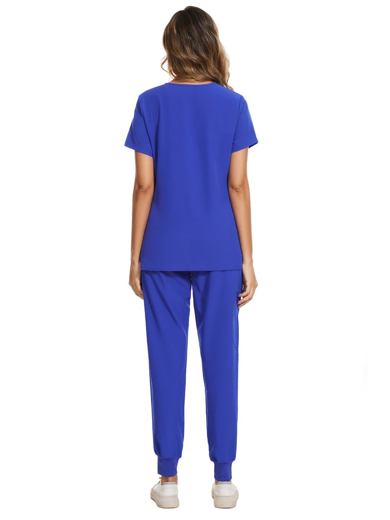 COZYFIT Scrubs for Women Set - Stretch V-Neck Scrub Top & Jogger Pant with 8 Pockets, Yoga Waistband, Slim Fit COZY SCRUBS - Blueberry, M - Image 2