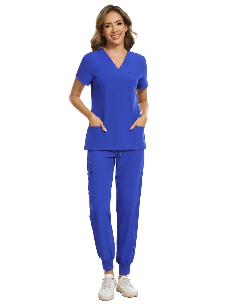 COZYFIT Scrubs for Women Set - Stretch V-Neck Scrub Top & Jogger Pant with 8 Pockets, Yoga Waistband, Slim Fit COZY SCRUBS - Blueberry, M - Image 1