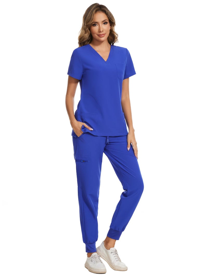 COZYFIT Scrubs for Women Set - Stretch V-Neck Scrub Top & Jogger Pant with 8 Pockets, Yoga Waistband, Slim Fit COZY SCRUBS - Blueberry, M - Image 3
