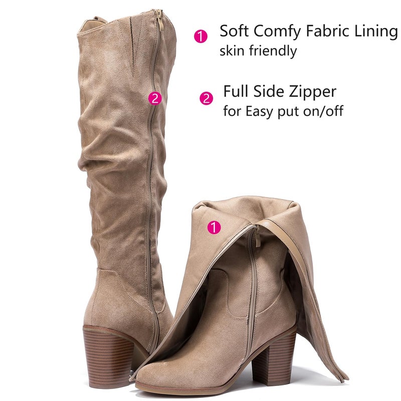 Luoika Women's Extra Wide Calf Cowboy Knee High Boots, Wide Width Cowgirl Slouchy Boots Chunky Pump Heel Plus Size Western Boots.Beige 230702 10XW - Image 4