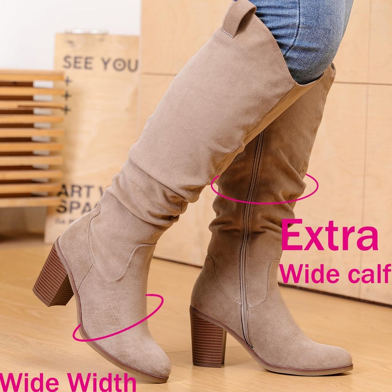 Luoika Women's Extra Wide Calf Cowboy Knee High Boots, Wide Width Cowgirl Slouchy Boots Chunky Pump Heel Plus Size Western Boots.Beige 230702 10XW - Image 3